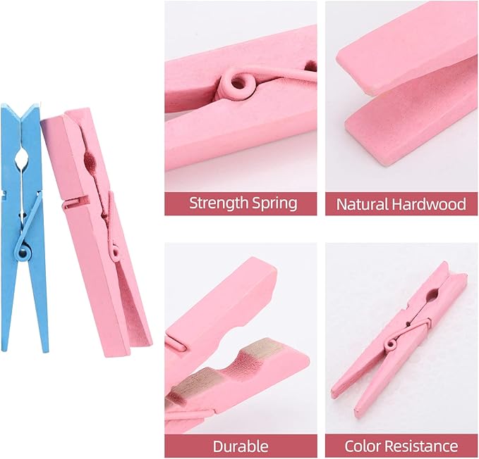 100pcs Colored Clothespins Wooden Heavy Duty Clothes Pins with Strength Spring - Wood Clips for Crafts Pictures Classroom Photos, 3inch, Random Colors