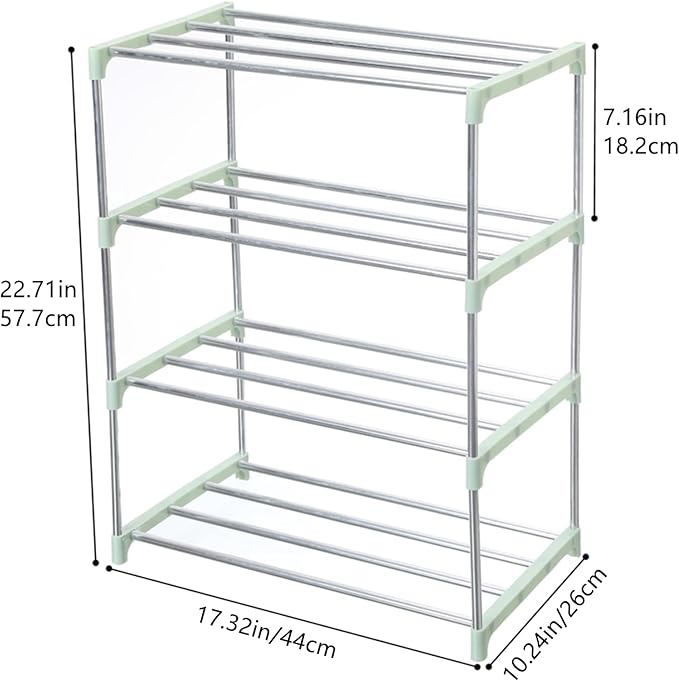 Stackable Small Shoe Rack, Entryway, Hallway and Closet Space Saving Storage and Organization (4-Tier, Green)