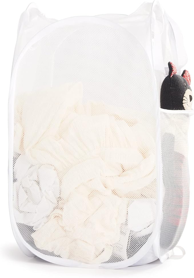 TECHMILLY Collapsible Mesh Pop Up Laundry Hamper with Sturdy Handles and Side Pocket - Portable Foldable Clothes Baskets for Dorm, Bathroom & Travel Storage (White)