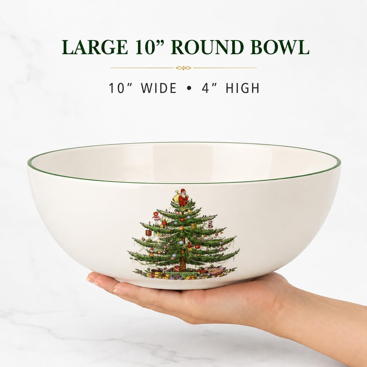 Spode Christmas Tree Large Round 10 Inch Bowl - Porcelain Serving Dish for Salad, Pasta, and Side Dishes - Iconic Holiday Design with Green Trim, Dishwasher, Microwave Safe - Festive Gatherings