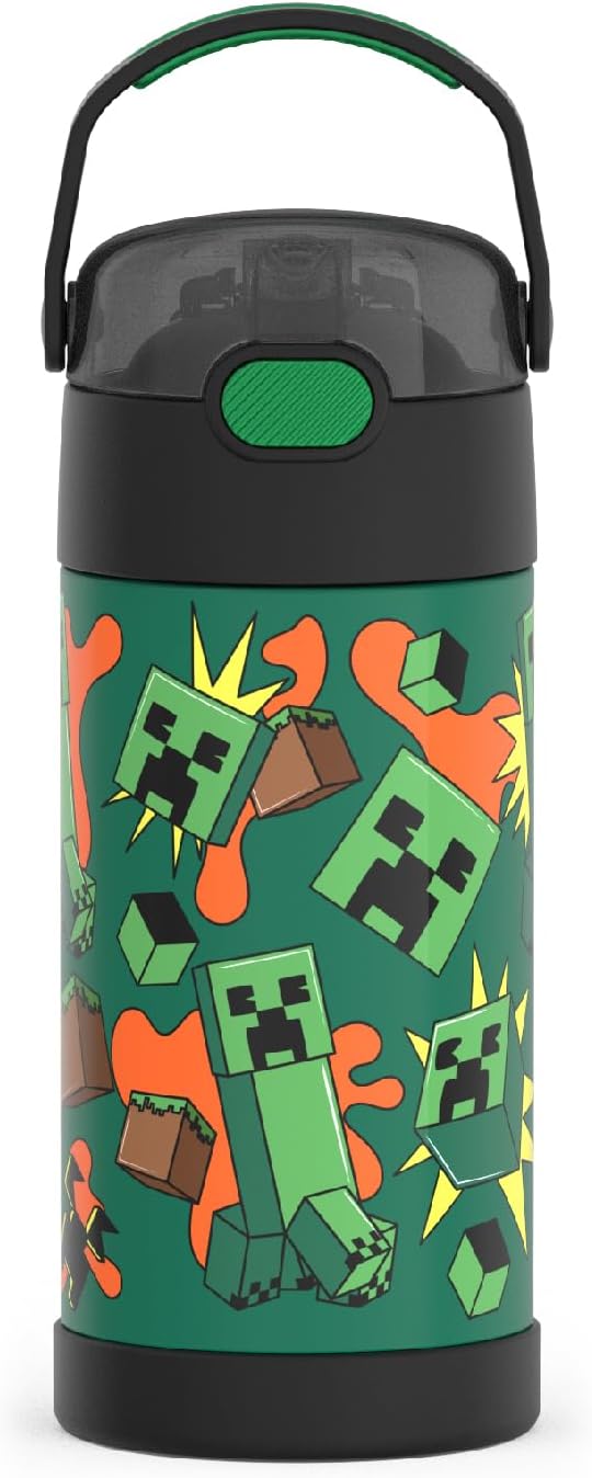 THERMOS FUNTAINER Water Bottle with Straw - 12 Ounce - Kids Stainless Steel Vacuum Insulated Water Bottle with Lid, Minecraft