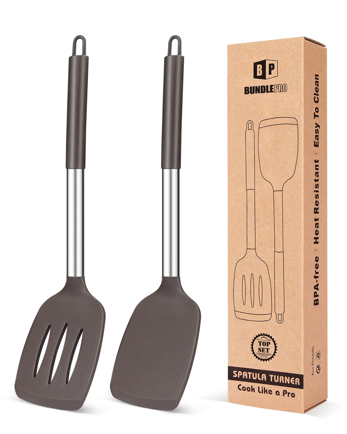 Pack of 2 Silicone Solid Turner, Non Stick Slotted Kitchen Spatulas, High Heat Resistant BPA Free Cooking Utensils, Ideal Cookware for Fish, Eggs, Pancakes(Gray)