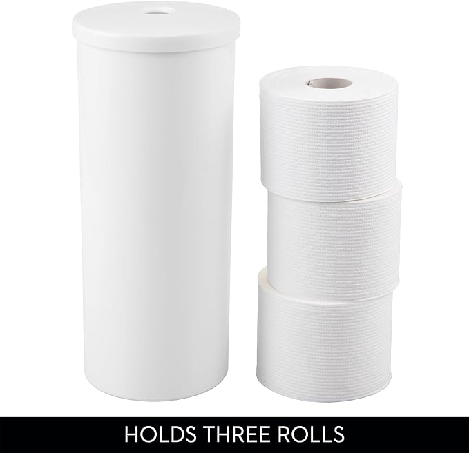 iDesign Freestanding Toilet Paper Canister with Lid for 3 Extra Rolls, White, Made in USA