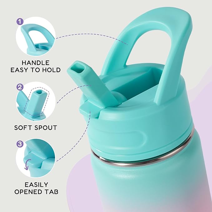 12oz Water Bottle for School, Water Bottles with Straws, Insulated Water Bottles, Stainless Steel Vacuum Insulated Bottle, Leak-Proof, BPA-Free, Aurora + Bubble Gum