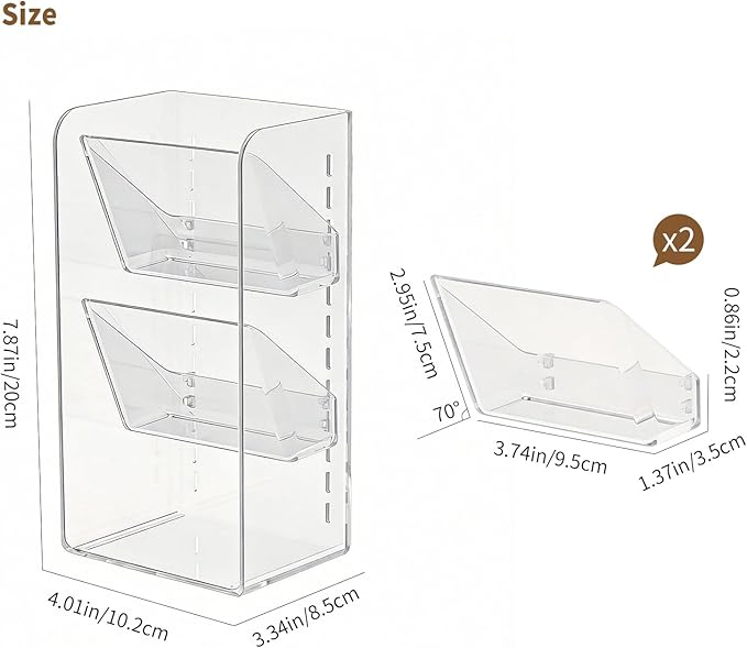 Medicine Cabinet Organizer with Adjustable Dividers, Clear Open Storage Compartment, Space-Saving Makeup Brush Holder for Bathroom, Wall Cabinet, Vanity Countertop (2-Tier Full Slant)