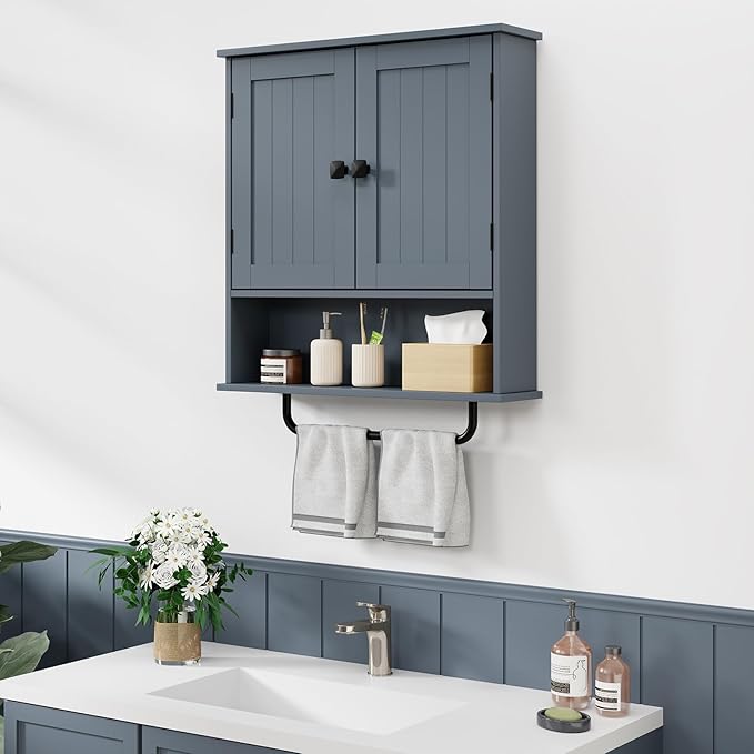 RRX Bathroom Cabinet Wall Mounted Medicine Cabinets with Towels Bar, Over The Toilet Storage Cabinet with 2 Doors and Adjustable Shelf, White Wall Cabinet for Bathroom Laundry Kitchen,Gray