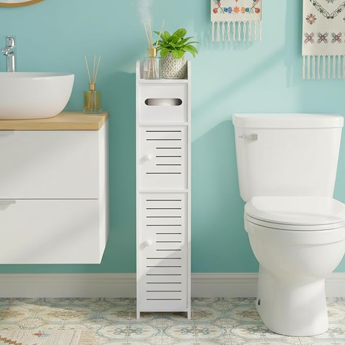 ShellKingdom Toilet Paper Holder Stand, Small Bathroom Storage Cabinet with Doors and Shelves, Slim Storage Cabinet for Bathroom Small Spaces Corner Floor - White