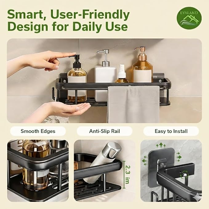 EVALAND Shower Caddy Adhesive 2-Pack with Hooks and Rod for Towels, Black – Premium Bathroom Shower Shelves, Shampoo Organizer, Bathtub Shelf, Rustproof, Easy Installation, Sturdy Modern Look