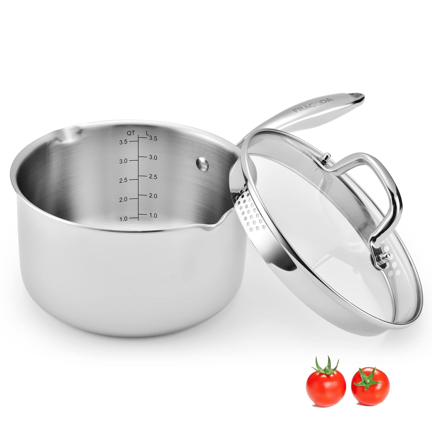Fracoda 3.5 Quart Stainless Steel Pot Saucepan with Glass Strainer Lid, Sauce Pot with Two Side Spouts, Induction Cooking Pot, Multipurpose Sauce Pan with Lid for Cooking(Tri-Ply Full Body)