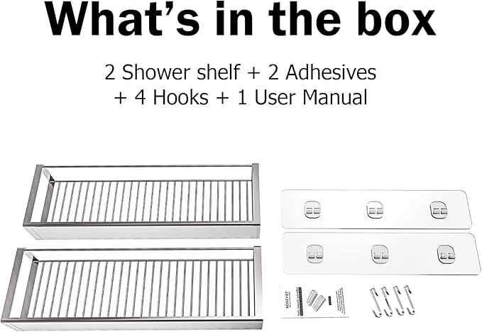 Bathroom Adhesive Shower Caddy Basket Shelf with Hooks, No Drilling Removable Bathroom Shelf Organizer,Stainless Steel Rustproof Shower Rack for Shampoo Storage, Sponge Holder-Silver