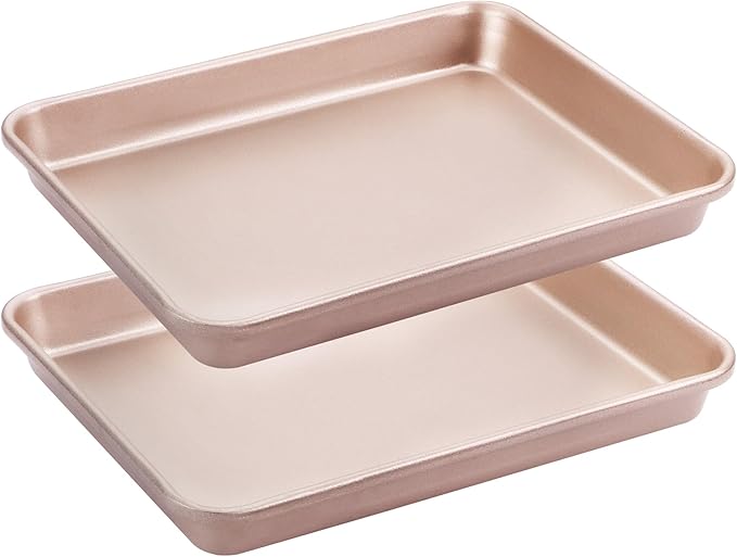 HONGBAKE 2 Pack 11 x 9 Inch Toaster Oven Pans and Trays, Small Baking Sheet Set for Cooking, Non-Stick Cookie Sheets, Heavy-Duty 0.8mm Thick, Easy to Clean, 1.26 Inch Deep, Gold
