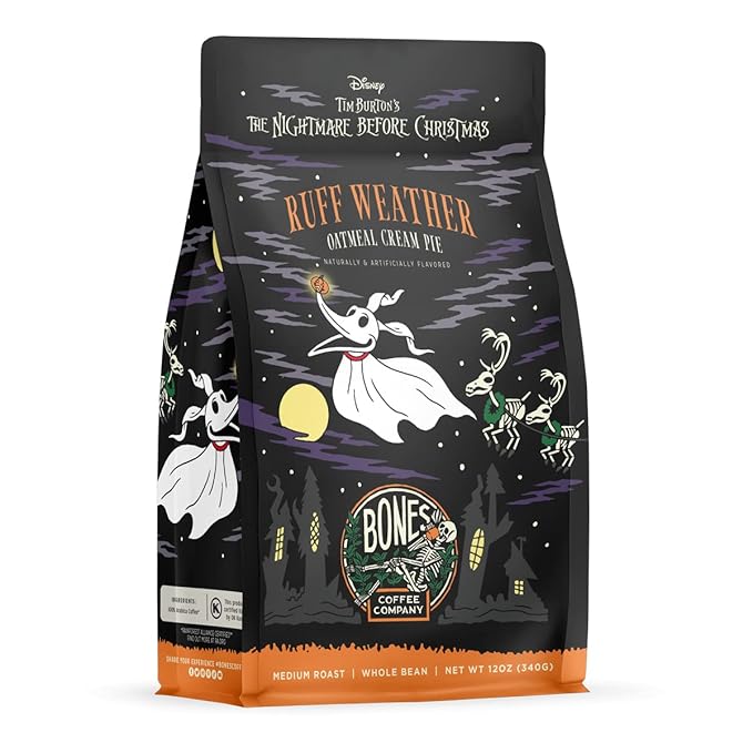 Bones Coffee Company The Nightmare Before Christmas Pumpkin King Flavored Coffee Beans, Whole Bean Coffee Medium Roast Low Acid, Pumpkin Pecan Praline Flavor (12 oz)