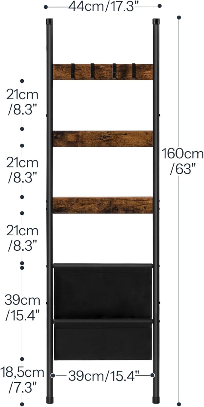 HOOBRO Blanket Ladder, 5 Tier Towel Rack, 17.3" L x 63" H, Wall-Leaning Blanket Rack for Living Room, Decorative Ladder with 4 Hooks and Magazine Pocket, Rustic Brown BF32CJ01