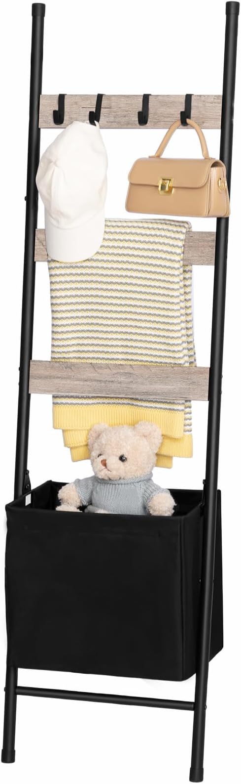 HOOBRO Blanket Ladder with Basket, 17.3”L x 63.4”H, Towel Rack with Hooks, Blanket Holder Rack, Decorative Ladder Shelf, Drying and Display Rack for Bathroom, Living Room, Greige BG31CJ01
