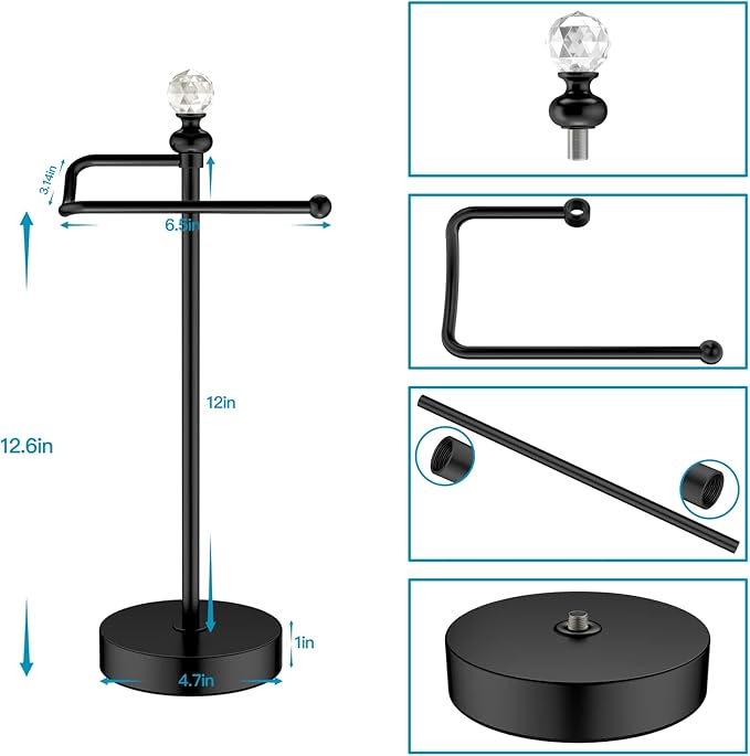 Heavy Weighted Hand Towel Holder(with Crystal Ball) Standing Hand Towel Holder Total Height 15.7'' for Kitchen,Bathroom,Vanity,Classic Decorative Metal Hand Towel Stand,Matte Black
