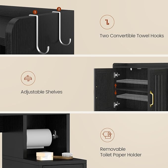 Over The Toilet Storage Cabinet with Pulley, Bathroom Cabinet, Space Saver W/Adjustable Shelf Rack for Bathroom, Restroom, Laundry (Black-Type A)