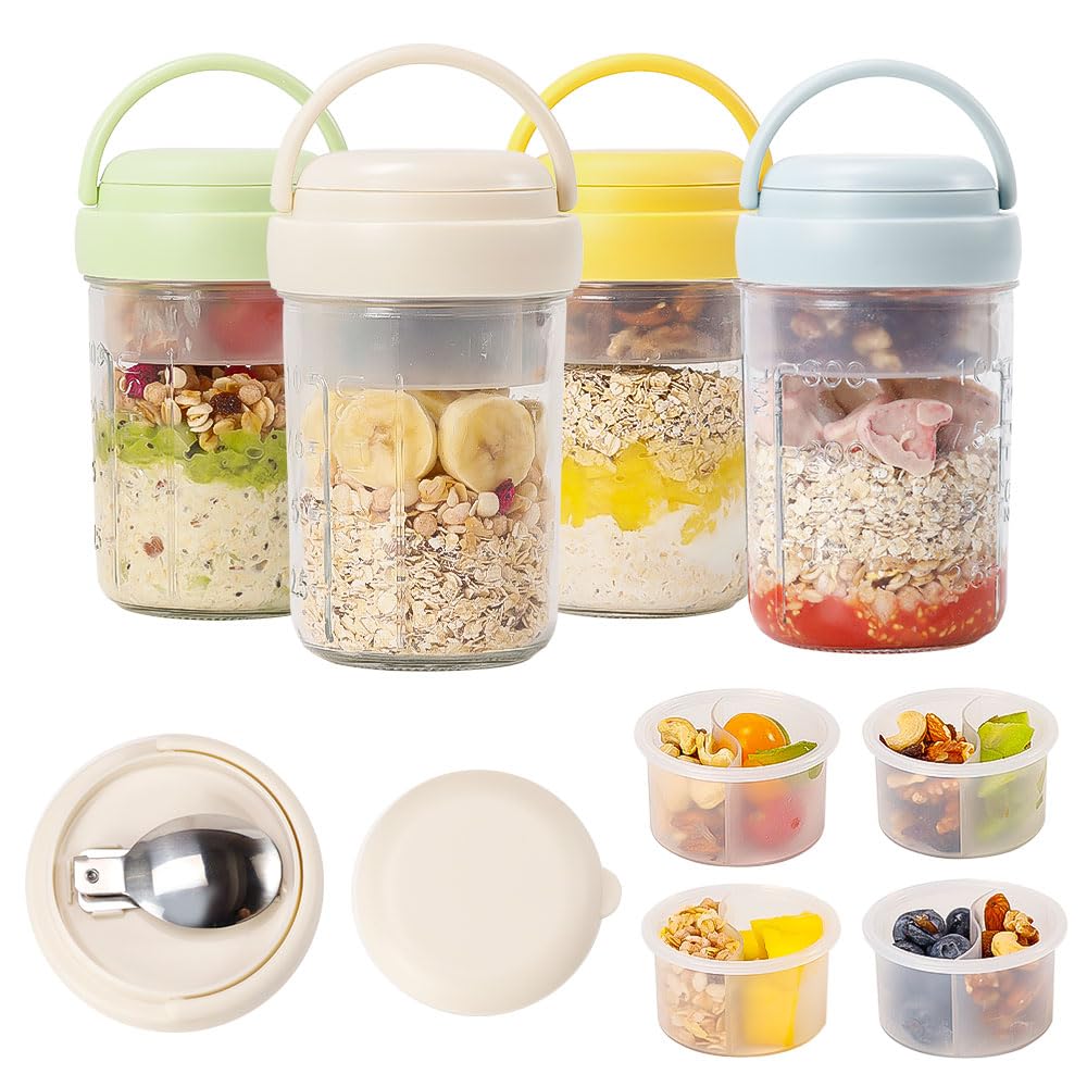 UWILLION 4 Pack Overnight Oats Containers with Handles, 16 oz Glass Mason Jars with Lids, Folding Spoons & Topping Compartments, Yogurt Parfait Cups for Weekly Meal Prep, Chia Pudding & Snacks