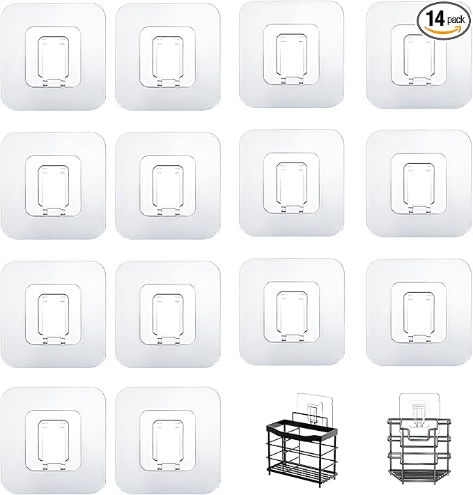 Shower Caddy Adhesive Replacement Hooks, Strong Waterproof Strips, No Drilling for Bathroom Shelves, Kitchen Racks, and Soap Holders (Transparent-14 Pack 1Hook)