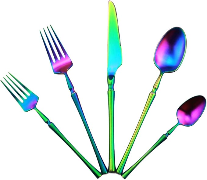 Gugrida Unique & Beautiful Flatware Set - 5 Piece Iridescent Silverware Sets | 18/10 Stainless Steel Reusable Cutlery Set | Utensils Service For 1 with Dessert Fork, Knife, Spoon, Dinner Fork