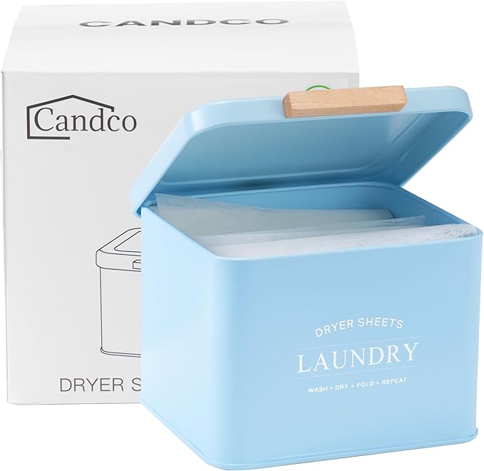 Dryer Sheet Holder with Hinged Lid for Laundry Room Organization, Metal Farmhouse Dryer Sheet Container, Dryer Sheet Box Laundry Room Decor & Accessories (Blue)