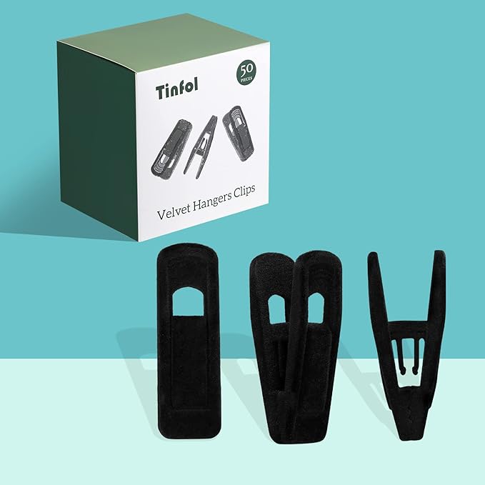 Tinfol 50pc Velvet Hanger Clips, Black Strong Finger Flocked Clips, Large Opening Clip Clothes Pin, Pants Hangers Clip for Thin Clothes Hangers