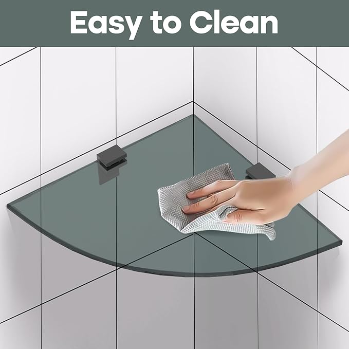 2-Pack Glass Shelf Shower Caddie, Shower Shelves for Inside Shower, Drilling Free Adhesive Wall Mounted Bathroom Organizer Shelves with Aluminium Brackets, Black