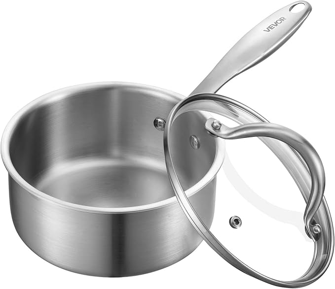VEVOR 1.5 QT Saucepan with Steamer, Stainless Steel Saucepan with Glass Lid, Multipurpose Nonstick Stainless Steel Sauce Pot with Ergonomic Handle, Friendly for Oven, Dishwasher, Induction Cooker