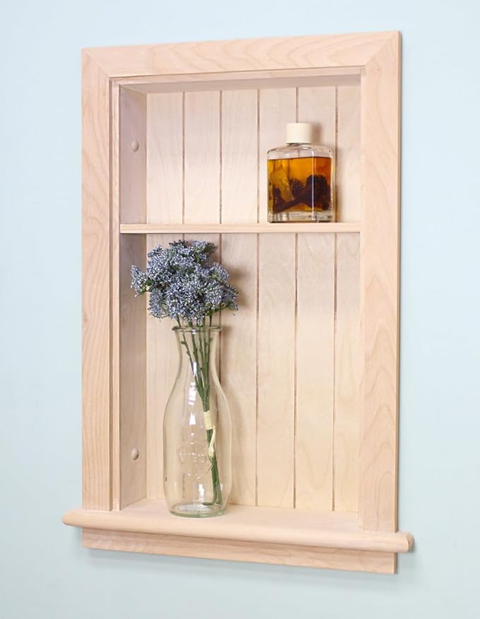 Fox Hollow Furnishings 14x24 Recessed Aiden Wall Niche - Wall Shelf for Storage and Home Decor, 1 Shelf (Unfinished W/Beadboard Back)