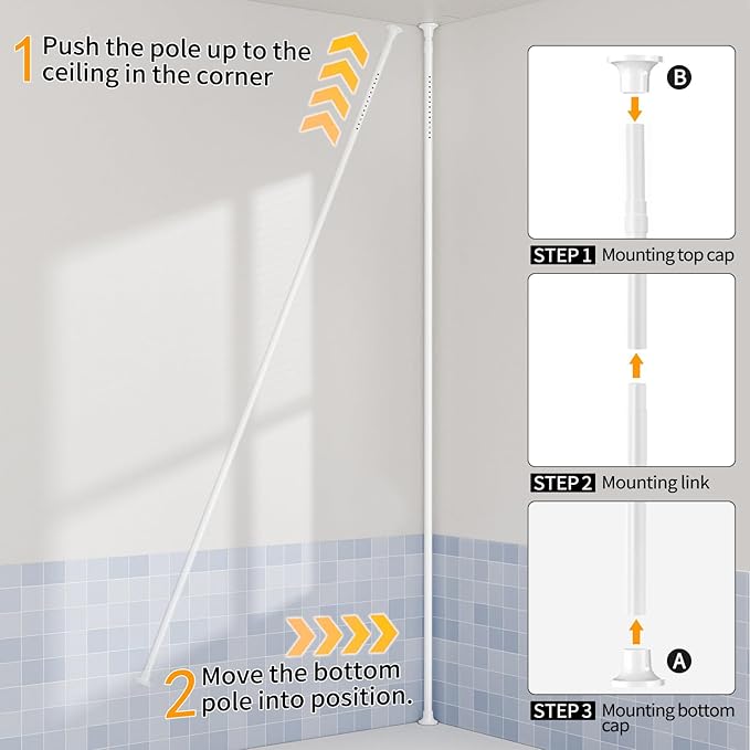 Shower Caddy Tension Pole with 4 L-Lazy Susan Organizer 360 Rotating 35-128 Inch No Drilling Floor Standing Shelves Adjustable Shower Rack for Bathroom Corner (White)