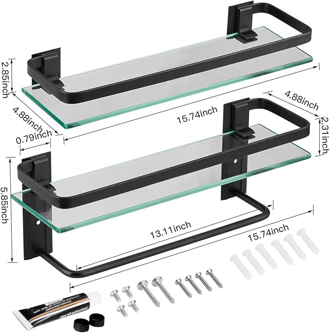 VOLPONE Glass Bathroom Shelf with Towel Bar 15.7in Bathroom Wall Shelves Rustproof Metal Bathroom Wall Organizer 2-Tier (Black)