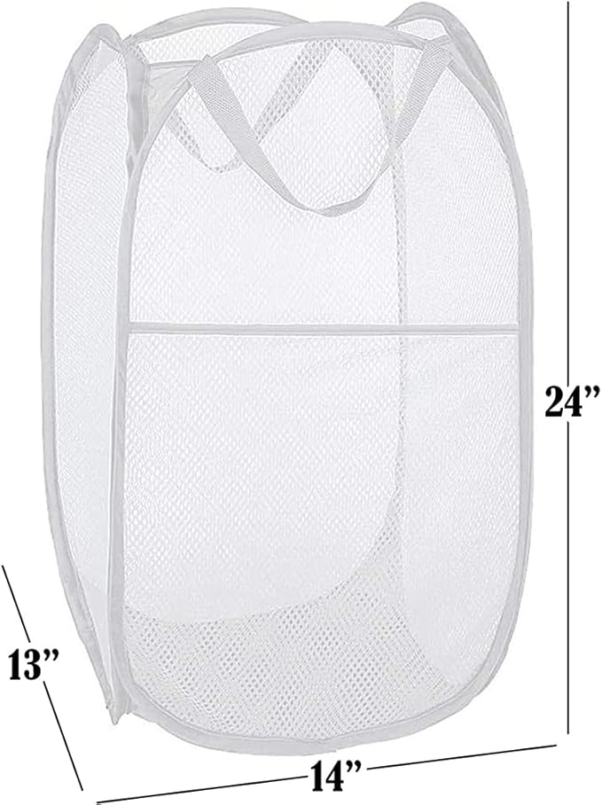 BATTOO Deluxe Strong Mesh Pop up Laundry Hamper Basket with Side Pocket Foldable Hamper for Laundry Room, Bathroom, Kids Room, College Dorm or Travel White + White