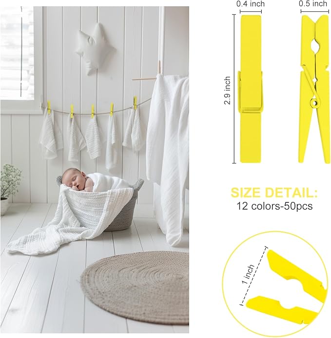 Colored Clothes pins 2.9inch 50PCS Yellow, Colorful ClothesPins Wooden Clips for Photos Pictures Decorative Crafts, Decoration clothespins Clothing Hanging clothespins