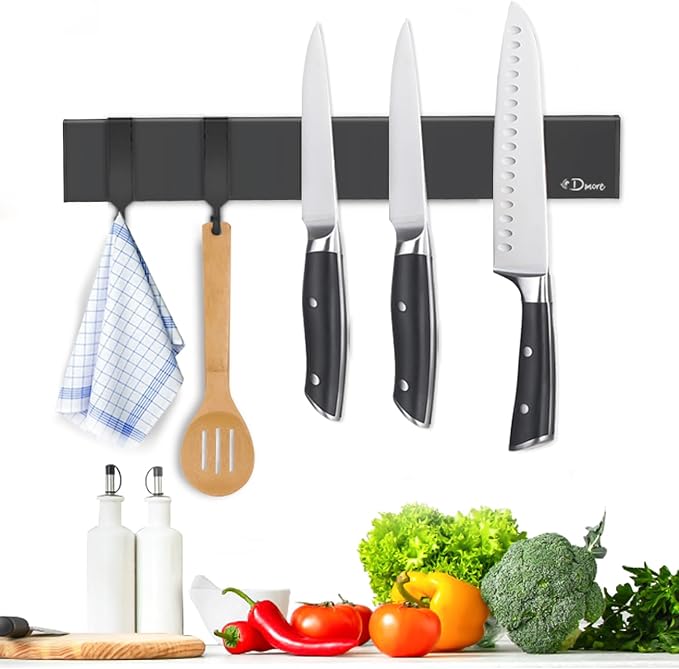 Dmore magnetic knife holder for wall—with 2 hooks, No Drilling 20 Inch walnut knife magnetic strip, Powerful knife magnet rack, include Adhesive Tape and screws for Knives, Utensils, and Tools