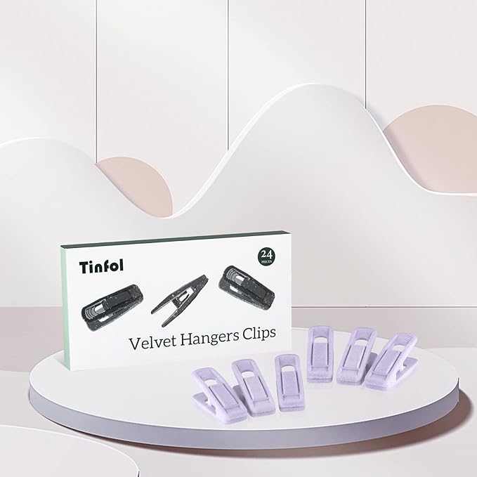 Tinfol Velvet Hanger Clips Light Purple, 24Pcs Pant Hangers Velvet Clips, Large Opening Clip Clothes Pin, Strong Finger Clip Perfect for Thin Skirt Pant Hangers