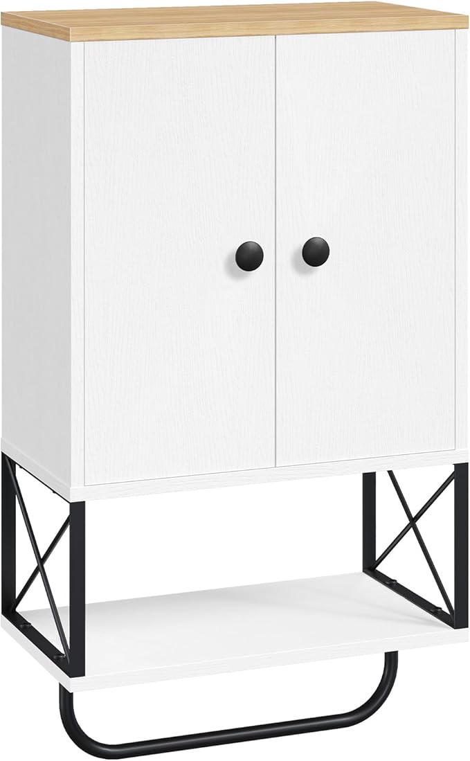 Bathroom Wall Cabinet with 2 Door and Adjustable Shelf, Medicine Cabinet with Towel Rack, 3-Tier Wall Mounted Storage Cabinet Over The Toilet for Bathroom Laundry Room, White and Natural