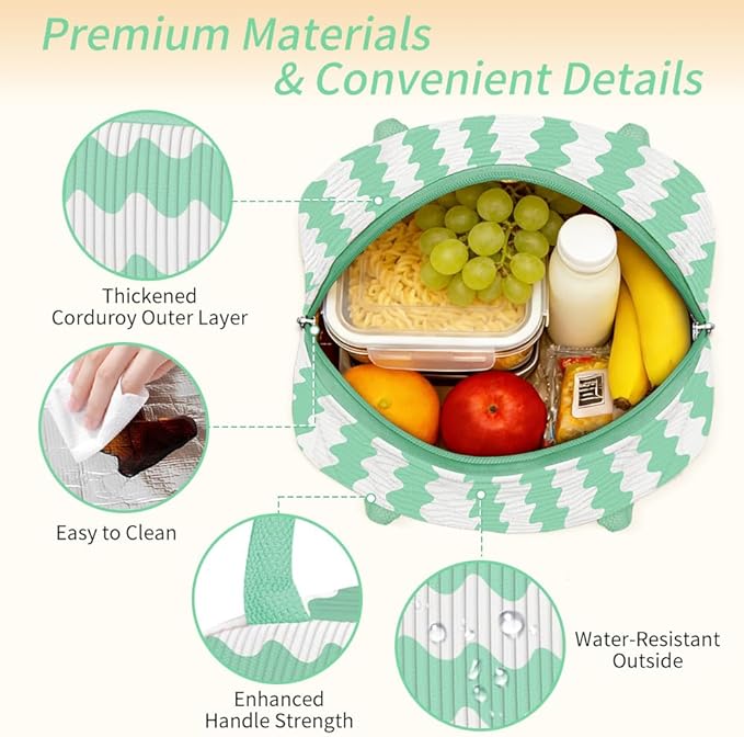 Coobiiya Lunch Bag for Women Men, Cute Lunch Tote Bags Insulated Reusable LunchBox Large Capacity Cooler Bag for Work Travel Picnic Green white