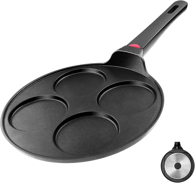 CAINFY Pancake Pan Nonstick-Suitable for All Stovetops & Induction Cooker, 10.5 Inch Mini Silver Dollar Grill Blini Griddle Crepe Pan, 4 Molds Cake Egg Skillet, 100% PFOA Free Coating