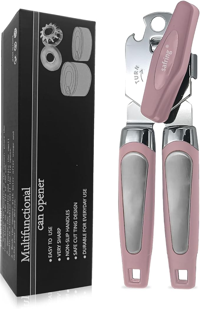 Safring Can Opener Manual, Handheld Strong Heavy Duty Stainless Steel Can Opener, Comfortable Handle, Sharp Blade Smooth Edge, Can Openers with Multifunctional Bottle Opener, Aqua Sky