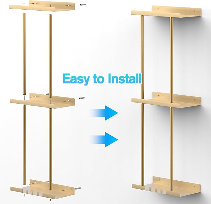 Towel Rack for Bathroom, Wall Mounted Vertical Rolled Towel Storage Organizer Holder with Shelf, Holds Up 6 Large Bath Sheets, Gold Large Size