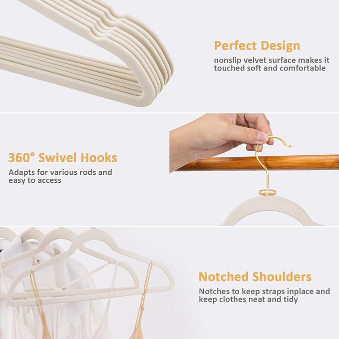 Velvet Hangers 30 Pack, Non Slip Clothes Hanger Heavy Duty for Suit/Coat, Premium Felt Slim Space Saving Suit Hangers for Closet Organizer, 360° Rotating Gold Hook - Ivory
