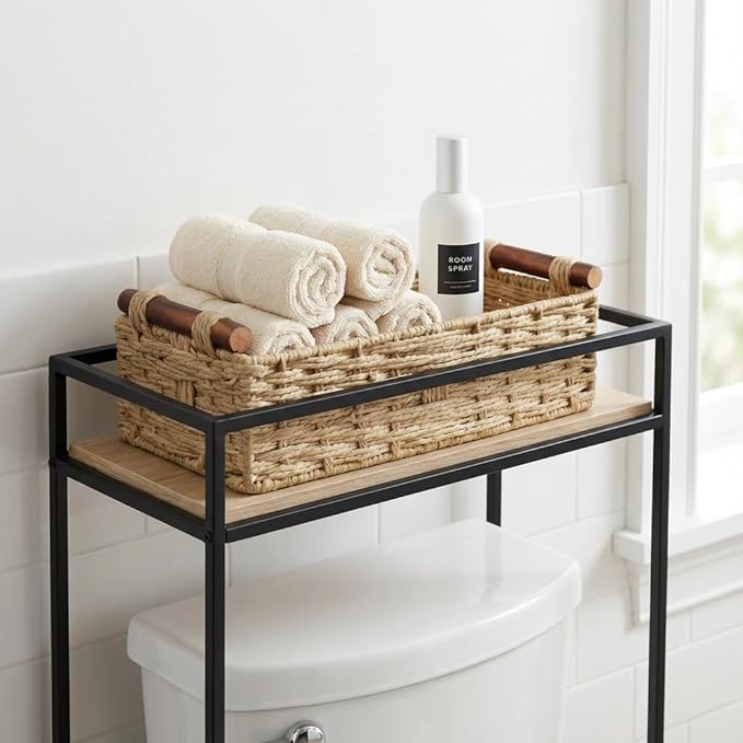 Toilet Tank Basket for Top of Toilet, Khaki Wicker Toilet Paper Basket (Holds 2 Rolls), Handwoven Paper Rope Toilet Tank Organizer with Wooden Handles, Bathroom Baskets for Organizing