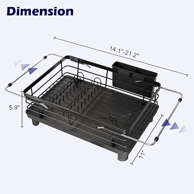 In Sink Dish Drying Rack, Expandable Over The Sink Dish Rack for Small Kitchen, Space Saving Stainless Steel Black Dish Drainer with Utensil Holder, 14.1"-21.2" L x 11"W, Compact Plate Dryer Strainer