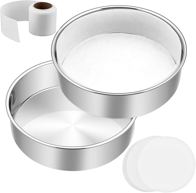 8 Inch Cake Pan Set of 3, E-Far Stainless Steel Round Layer Cake Baking Pans with Parchment Rounds & Side Liner Roll, Non-Toxic & Healthy Metal Cakes Tin, Straight Side & Dishwasher Safe