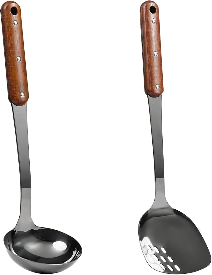 FJNATINH Stainless Steel Wok Spatula,Slotted Spatulas,Ladle,Skimmer Ladle Tool Set,Mirror Polished Cooking Utensils Kitchen Cookware, Pack of 4,Black