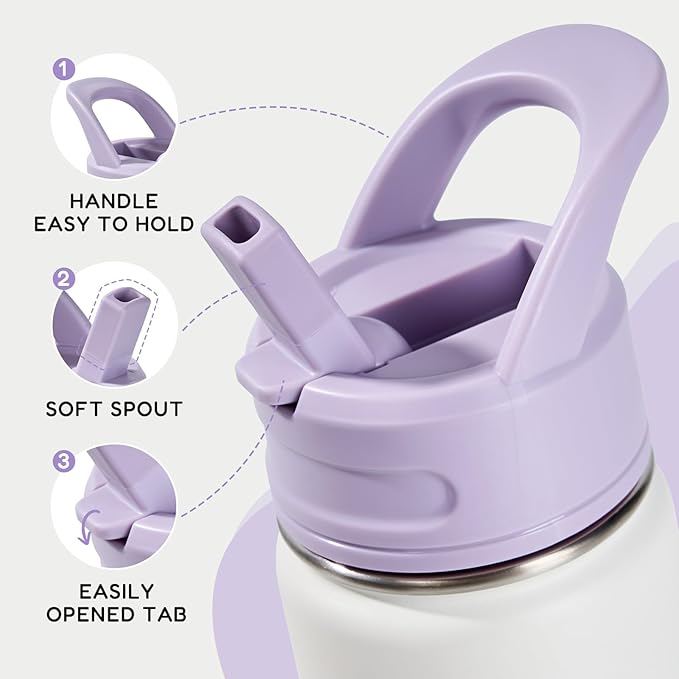 12oz Water Bottle for School, Bottles with Straws, Stainless Steel Vacuum Insulated Water Bottle, Leak-Proof, BPA-Free, Gentle Purple + Luck