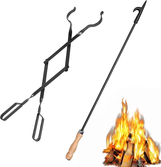 26" Fireplace Fire Pit Tongs & 32" Fire Pit Poker, Heavy Duty Wrought Iron