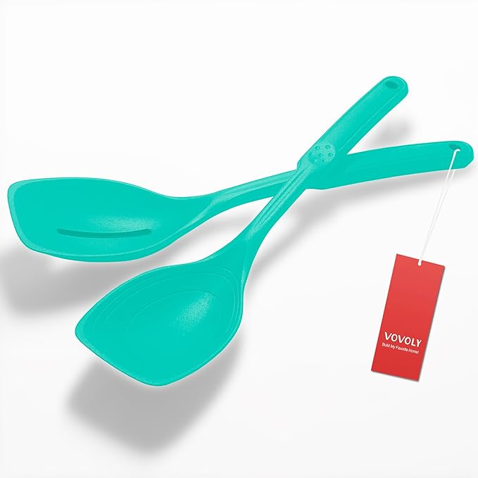 Large Silicone Cooking Spoon, Deep bowl & Measurement Mark, Solid, Teal