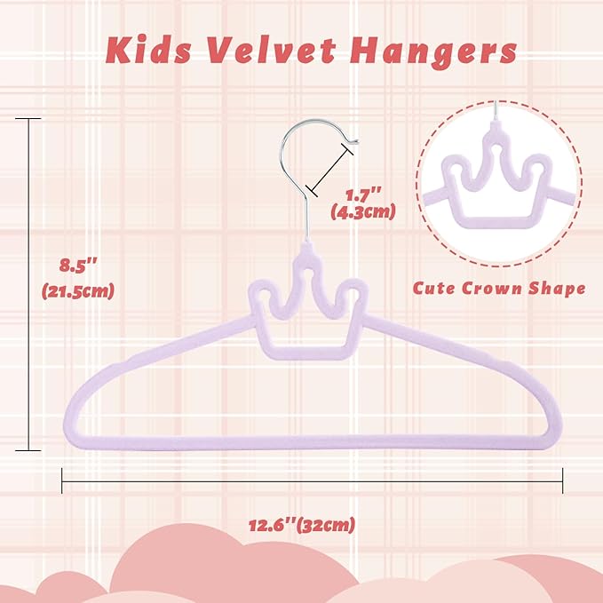 ManGotree Baby Velvet Hangers, Non-Slip Felt Kids Clothes Hanger, 12.6" Cute Crown Hanger for Closet, Space Saving Toddler Hangers for Children's Clothes (20 Pack, Purple)