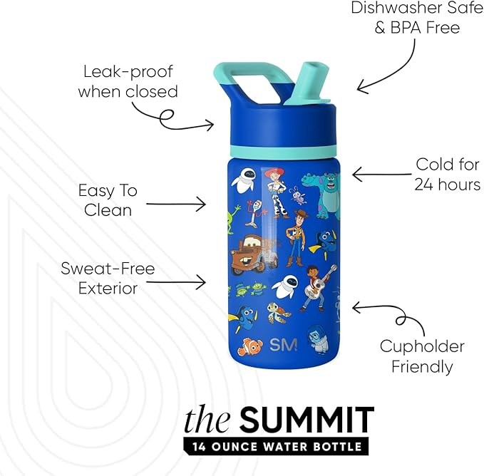 Simple Modern Kids Summit Water Bottle with Straw Lid | Disney Pixar 14oz Stainless Steel Cup Insulated Tumbler for Boys, School | Pixar Mashup on Blue