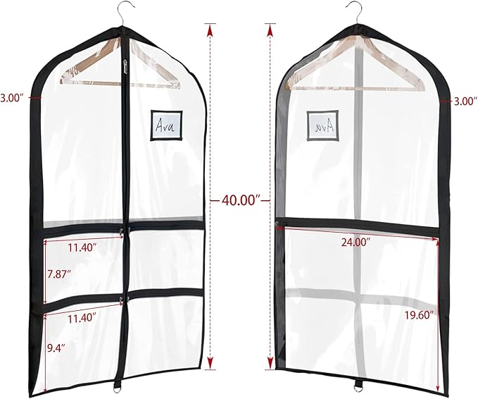 Univivi Clear Black PVC Dance Costume Bags (3 Pack) Garment Bag 40 Inch for Dance Competitions, with 4 Medium Clear Zipper Pockets and 1 Large Back Zippered Pocket [Upgraded Version]